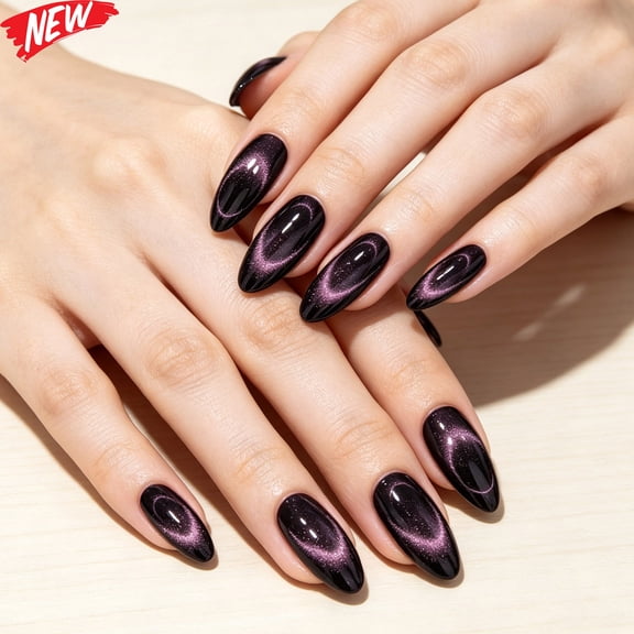 24Pcs Long Almond Press On Nails for Women, Black Purple Ring Cat Eye Magnetic Fake Nails, Glossy Shimmer Glue‑On False Nail Tips, Reusable Full‑Cover Manicure Set for Party Daily Special Occasions