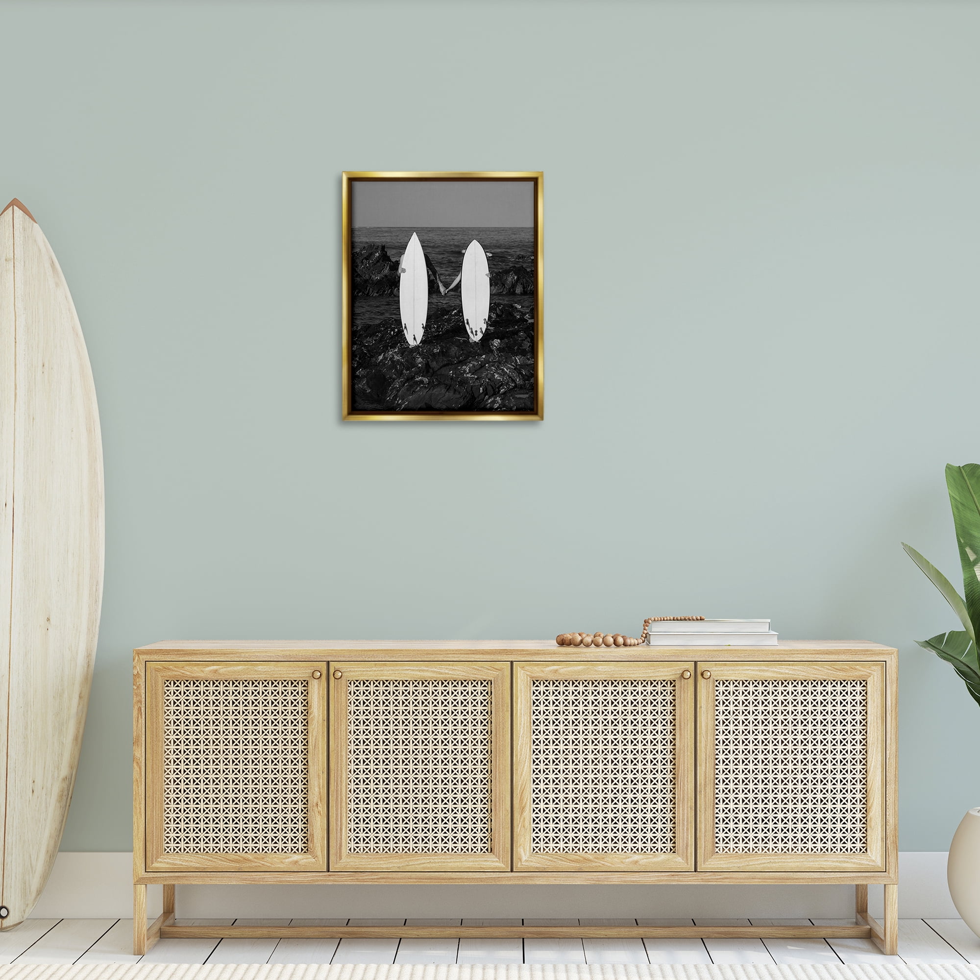 Stupell Industries Romantic Surfer Couple Sports Photography Gold Floater Framed Canvas Art Print Wall Art, 25 x 31