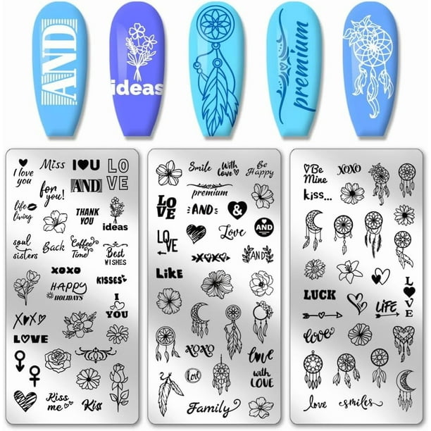 Juego de 3 placas para estampar uñas con diseño de palabras, flores, atrapasueños, corazones y otros elementos decorativos. Placas de acero inoxidable con imágenes para uñas.