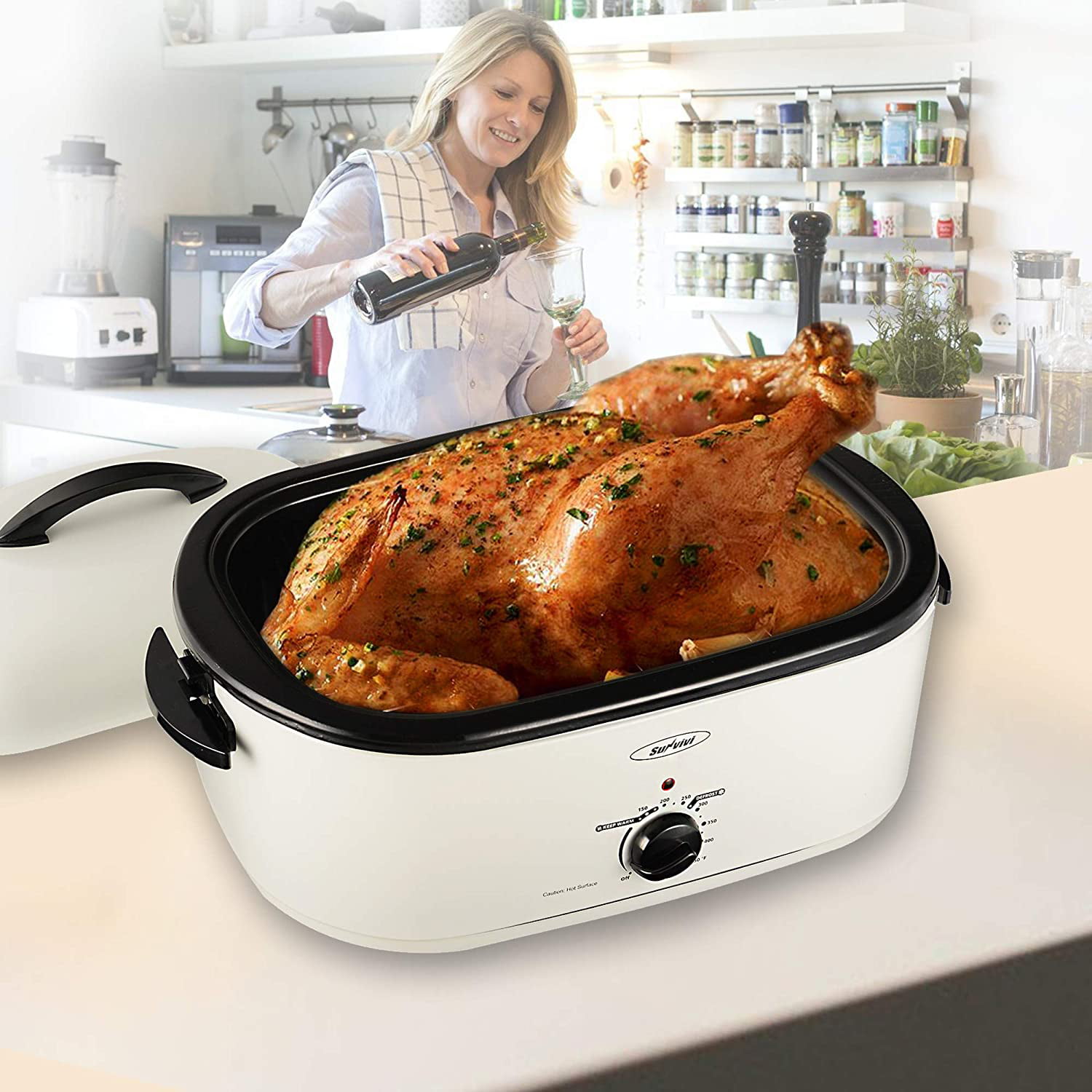 Full-range Temperature Control and Cool-Touch Handles Turkey Roaster Oven with Removable Insert Pot 20 QT, Silver Large Electric Roaster Oven with Self-Basting Lid 