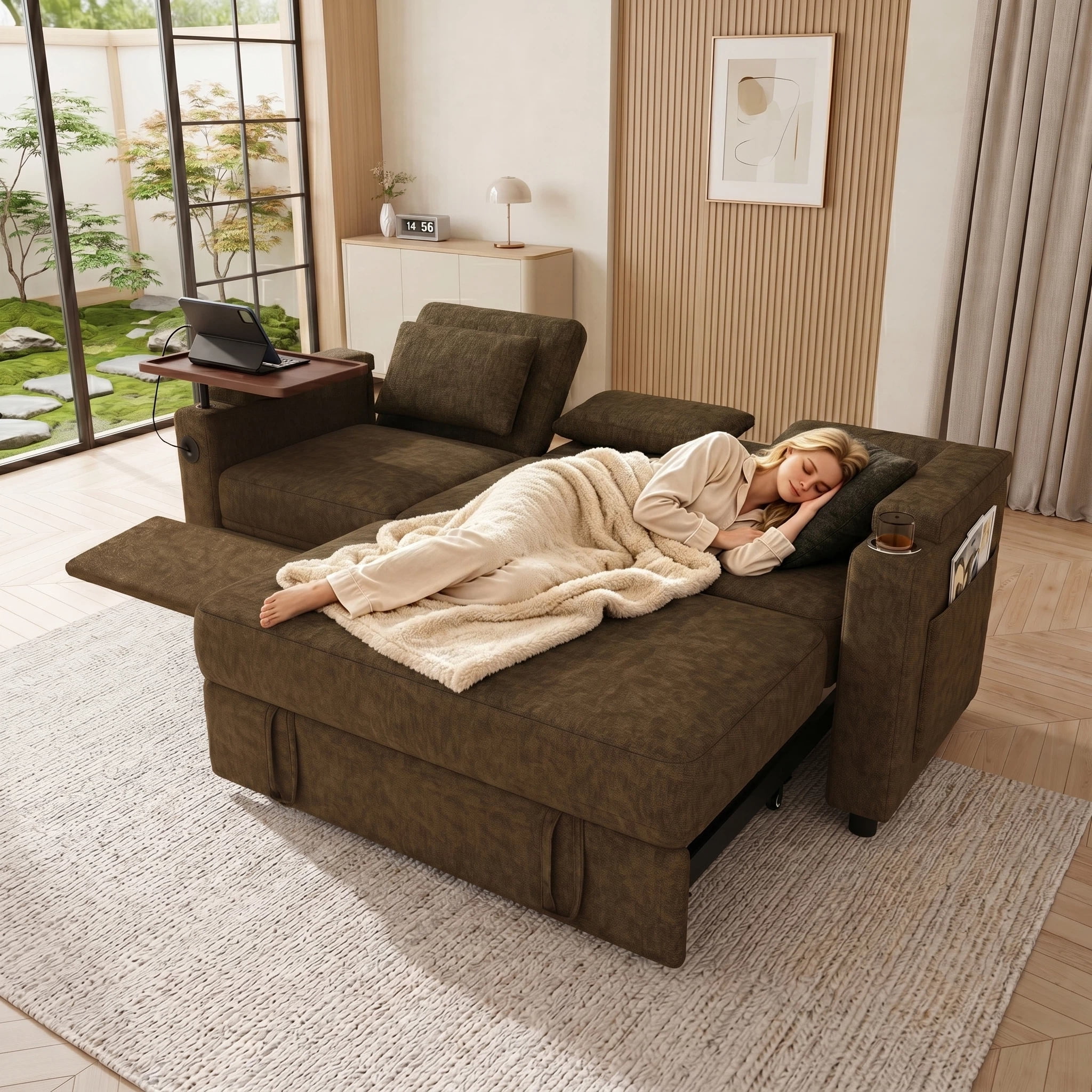 AISWORD 83" 3-in-1 Convertible Pull Out Sofa Bed, 6 Position Adjustable Sleeper Couch with USB Ports, Laptop Table, Cup Holders & Side Storage Pockets, Khaki