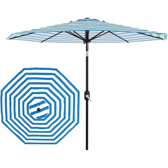 9FT Outdoor Patio Umbrella 8 Sturdy Ribs Outdoor Table Umbrella with Crank Lift & Push Button Tilt - UV Protection Waterproof Market Umbrellas for Pool Deck Yard Garden, Blue & White Stripes