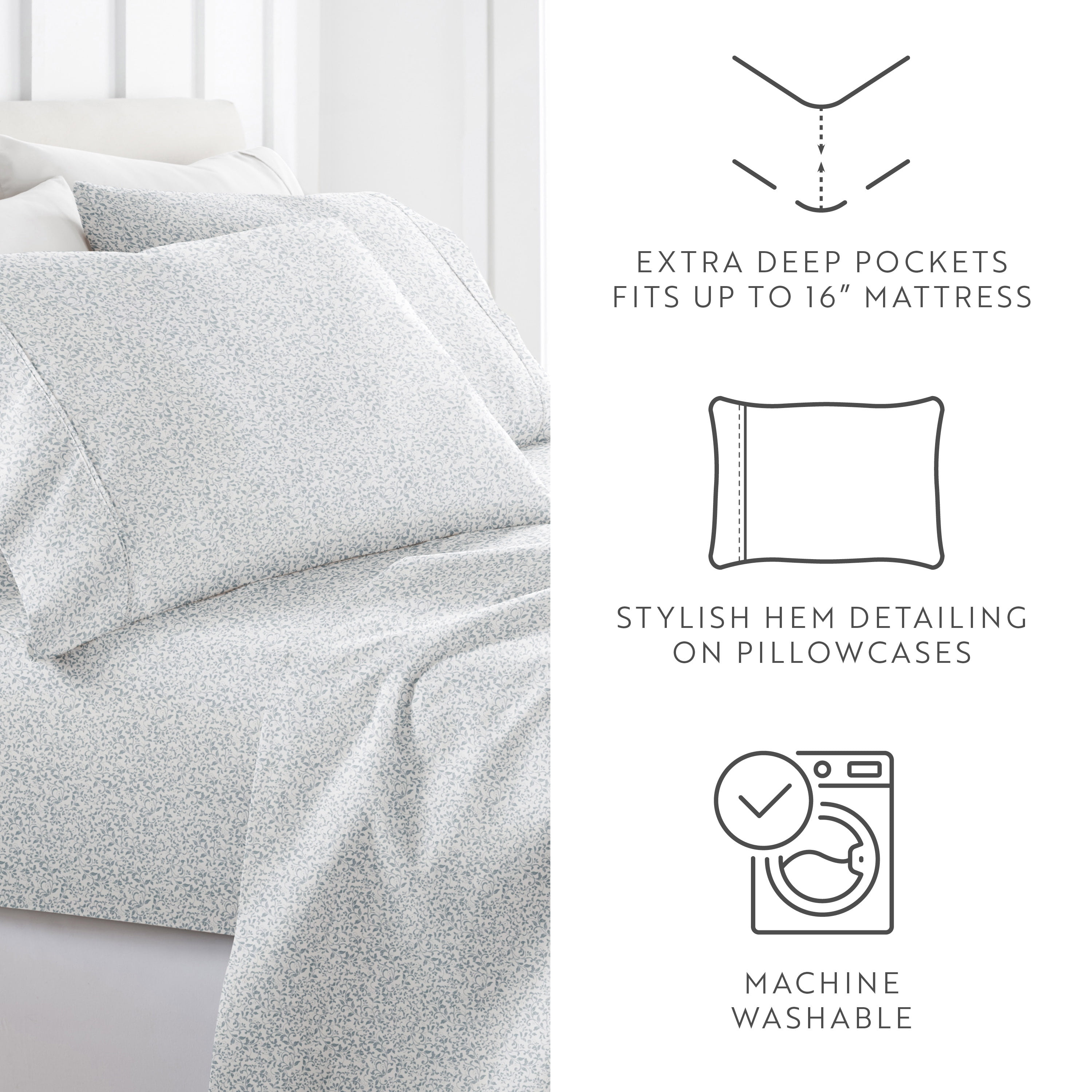 Noble Linens 4 Piece Pattern Microfiber Bed Sheets Set, Distressed Vine Dusty Blue, King