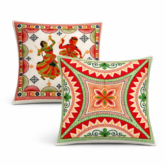 Colorful Traditional Folk Dance Cushion Cover, Ethnic Decorative Pillowcase, Handcrafted Cultural Art Design for Living Room, Sofa, Festive Home Decor