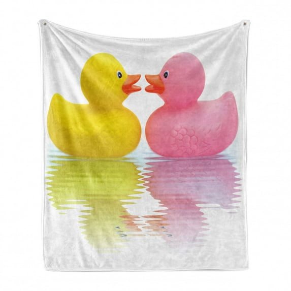 Rubber Duck Soft Flannel Fleece Throw Blanket, Rubber Duck Couple in Love Romantic First Love Childhood Kids Theme, Cozy Plush for Indoor and Outdoor Use, 50" x 70", Yellow Pink White, by Ambesonne
