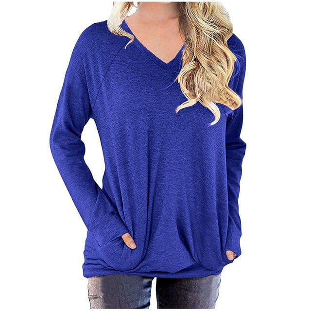 KIHOUT Spring Winter Womens Tops Solid Color Workout Sweatshirts Casual Basic Long Sleeve Loose Shirt Classic Crew V-Neck Tops with Pocket