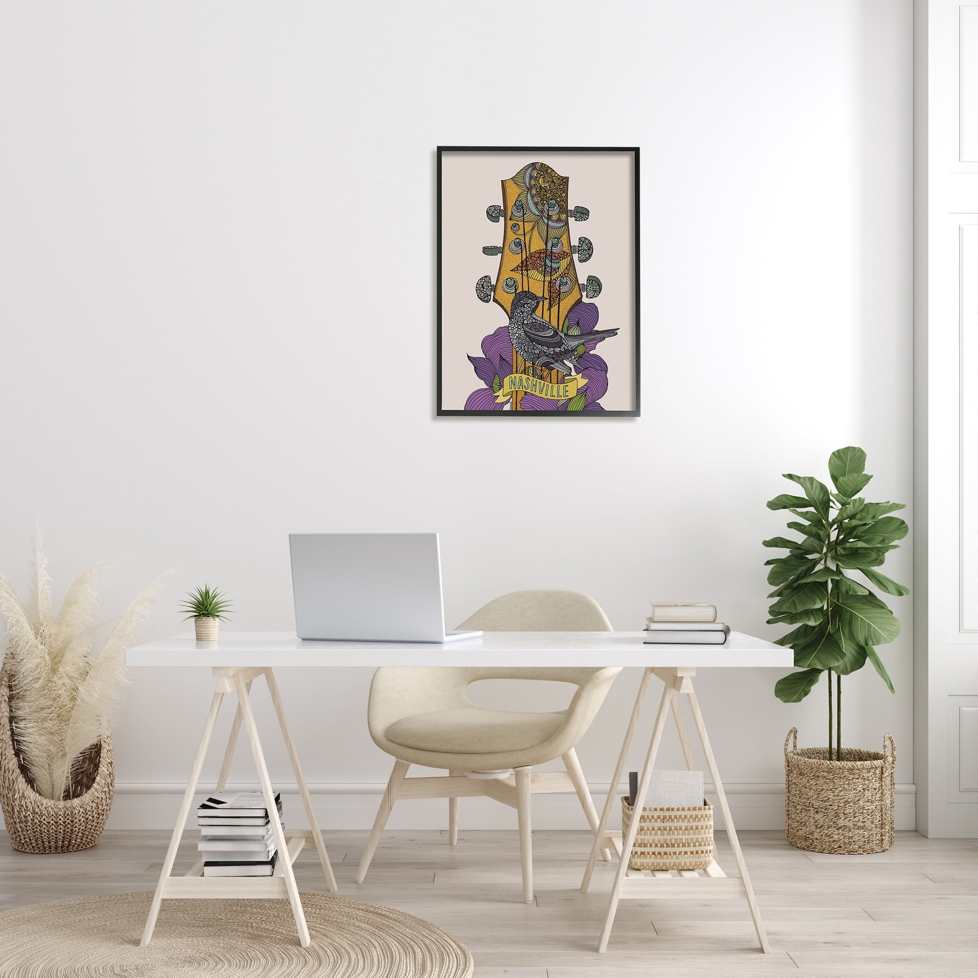 Stupell Industries Intricate Nashville Guitar Floral Patterned Bird Perched Graphic Art Black Framed Art Print Wall Art, Design by Valentina Harper