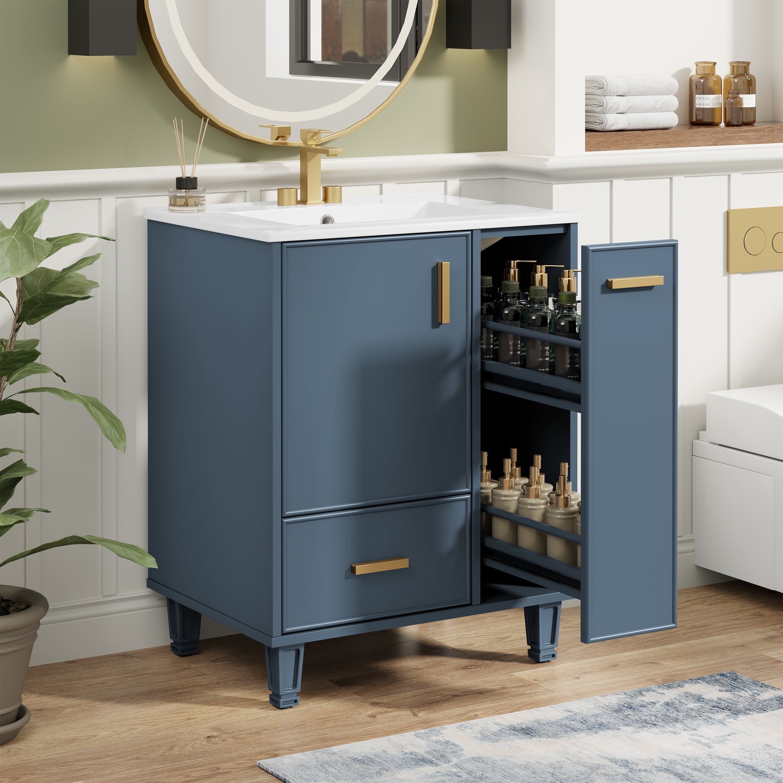 24" Bathroom Vanity with Sink, Modern Bathroom Cabinet with Deep Drawer, 2-Tier Pull-Out Basket, Soft-Close Door, Solid Wood Frame, for Small Bathroom, Powder Room, Grey