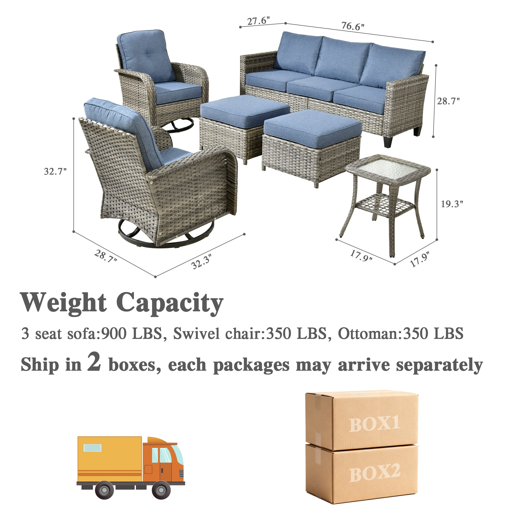 Ovios 6 Pieces Outdoor Patio Furniture Set All-Weather Wicker Rattan Sectional Sofa with Swivel Chairs Ottomans Side Table