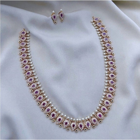 South Indian Bollywood Gold Plated AD CZ Multicolor Stone Traditional Kundan Haram Matte Finish Brass Pearl Necklace Set with Matching Drop Earrings – Bridal & Party Wear Jewelry
