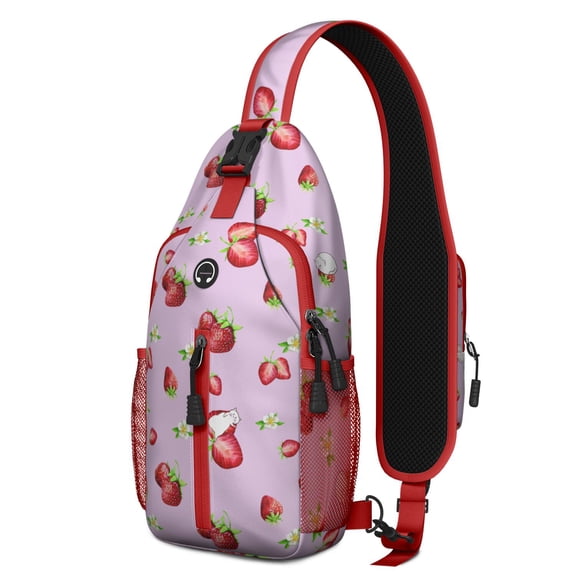 Strawberry and Berry Print Sling Backpack, Cute Red Fruity Crossbody Daypack with Fresh Flowers for Strawberry Lover and Kawaii Style