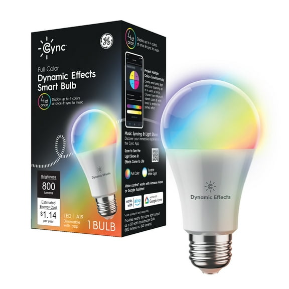 GE Cync Dynamic Effects A19 Smart LED Light Bulb with Music Sync, Color Changing, 60 Watts, E26 Base
