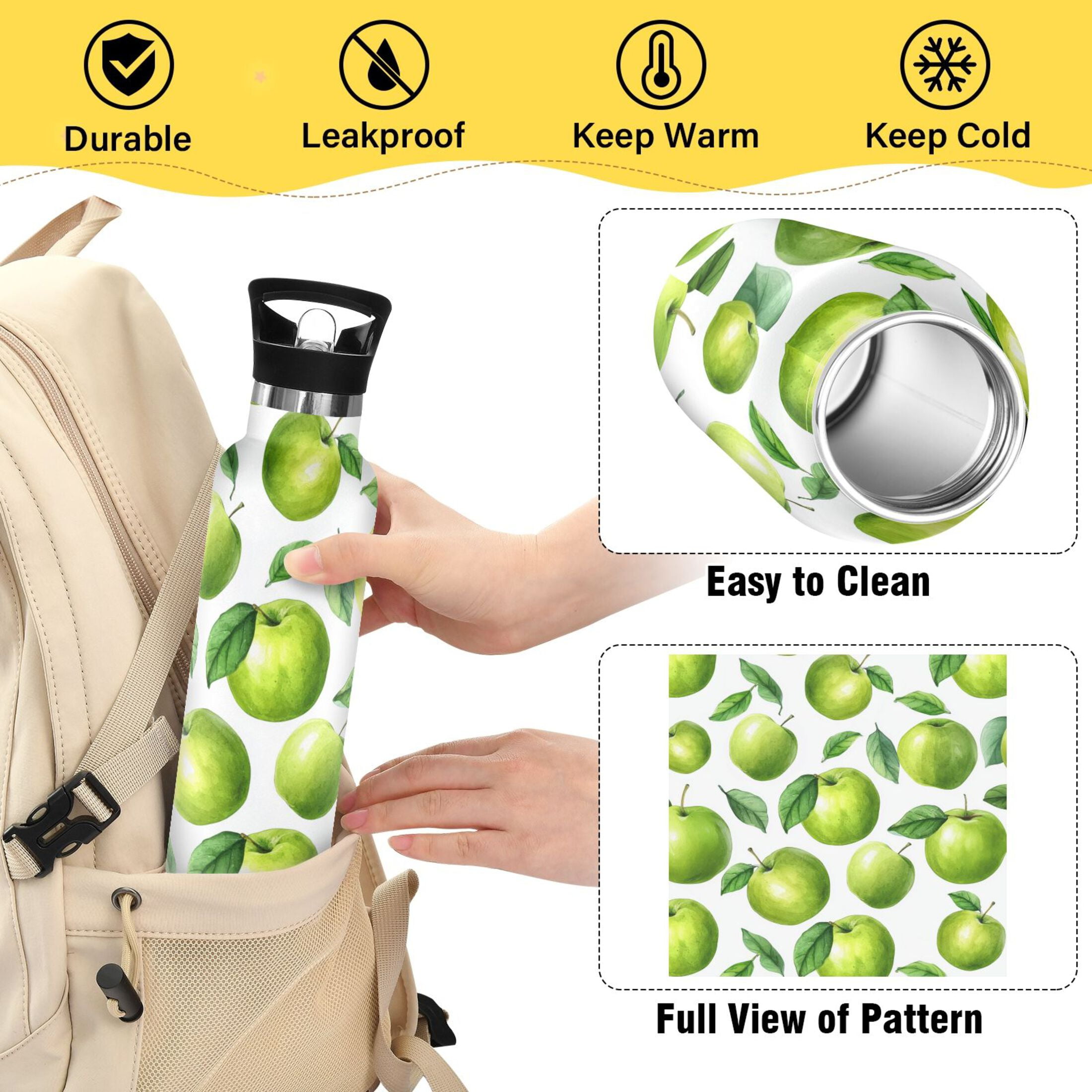 Kids Insulated Stainless Steel Sports Water Bottle 600ml (20oz) Cartoon Green Apples Pattern