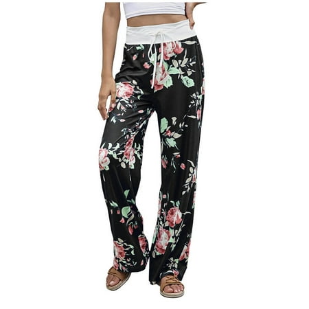 

Brglopf Women s Comfy Pajama Pants Wide Leg Lounge Palazzo Yoga Pants Drawstring Casual Floral Print High Waist Long Pants(Floral Black XL)