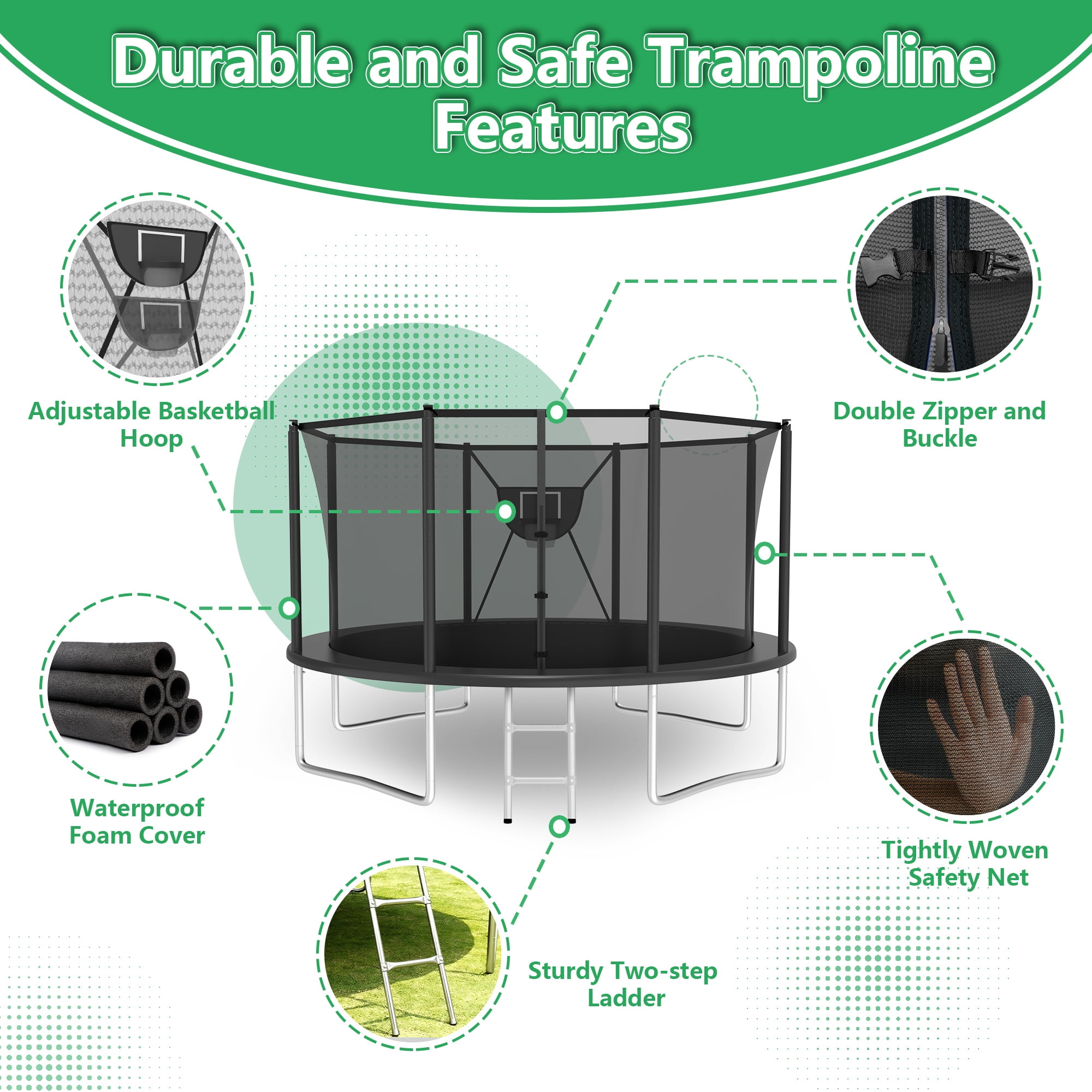 LHX Trampoline with Basketball Hoop 8FT 800LBS Outdoor Trampolines for Kids Adults Backyard Heavy Duty Round Trampoline with Safety Enclosure Net, Ladder, Recreational Trampoline, No Gap Design