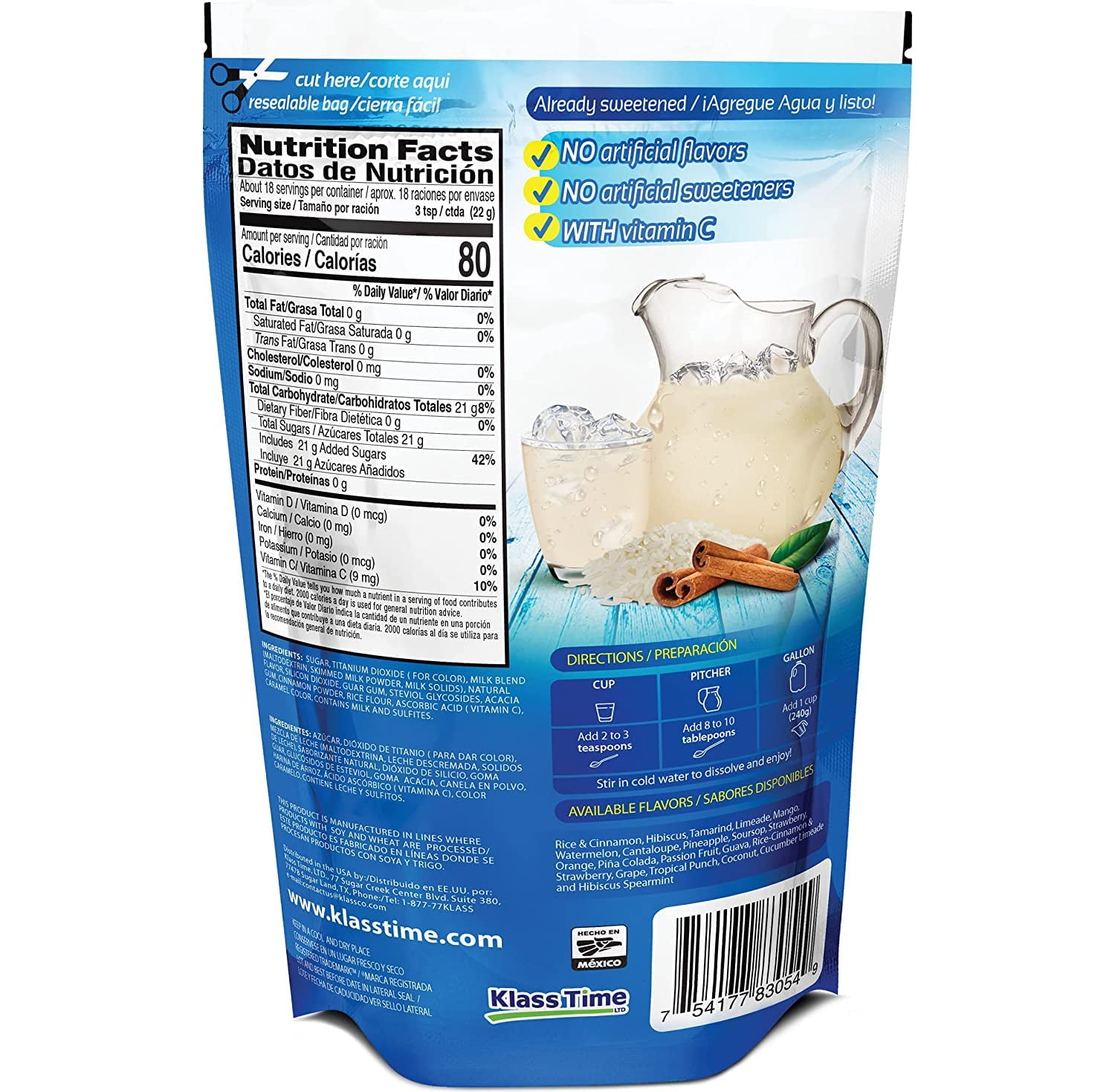 Klass Aguas Frescas Horchata, with Vitamin C, Multiserve, Powdered Drink Mix, 14.1oz