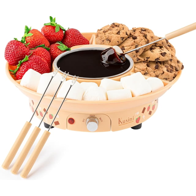 Kusini Fondue Pot Electric Set – 10-oz Chocolate Fondue kit - Temperature Control, Detachable Serving Tray, 4 Forks – Hostess Gift Ideas, Unique Housewarming Gift Set – Birthday Party Ideas