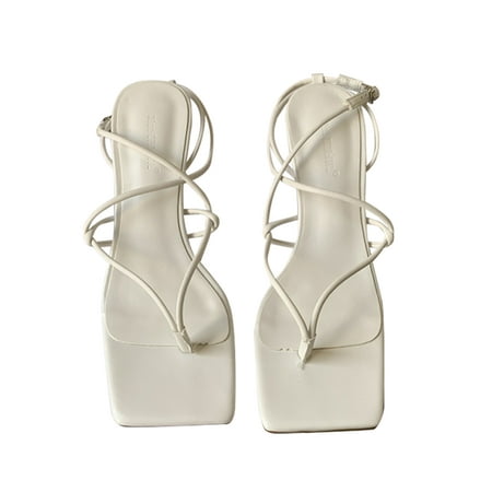 

Daeful Women High Heels Square Toe Dress Sandal Cross-Strap Heeled Sandals Office Fashion Casual Stiletto Pumps Shoes White 7.5