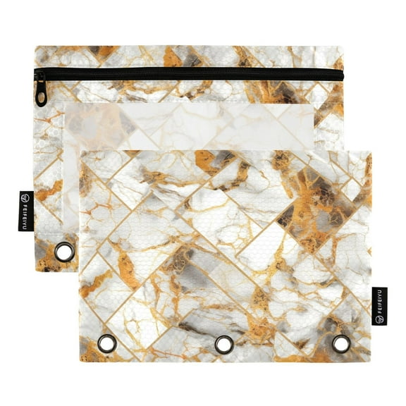 2 Pack Pencil Pouch for 3 Ring Binder Zipper Pencil Case Marble Golden Clear Window Pencil Bag Organizers