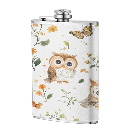 8 Oz Flagon Stainless Steel Leather Hip Flask Compact Pocket Size Leak Proof Seal For Camping Hiking Beach Party Gift For Men Owl Butterfly And Flowers