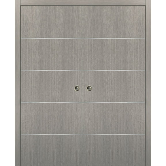 Modern Double Pocket Doors | Planum 0020 Grey Oak | Kit Trims Rail Hardware | Solid Wood Interior Bedroom Sliding Closet Sturdy Door-36" x 84" (2* 18x84)