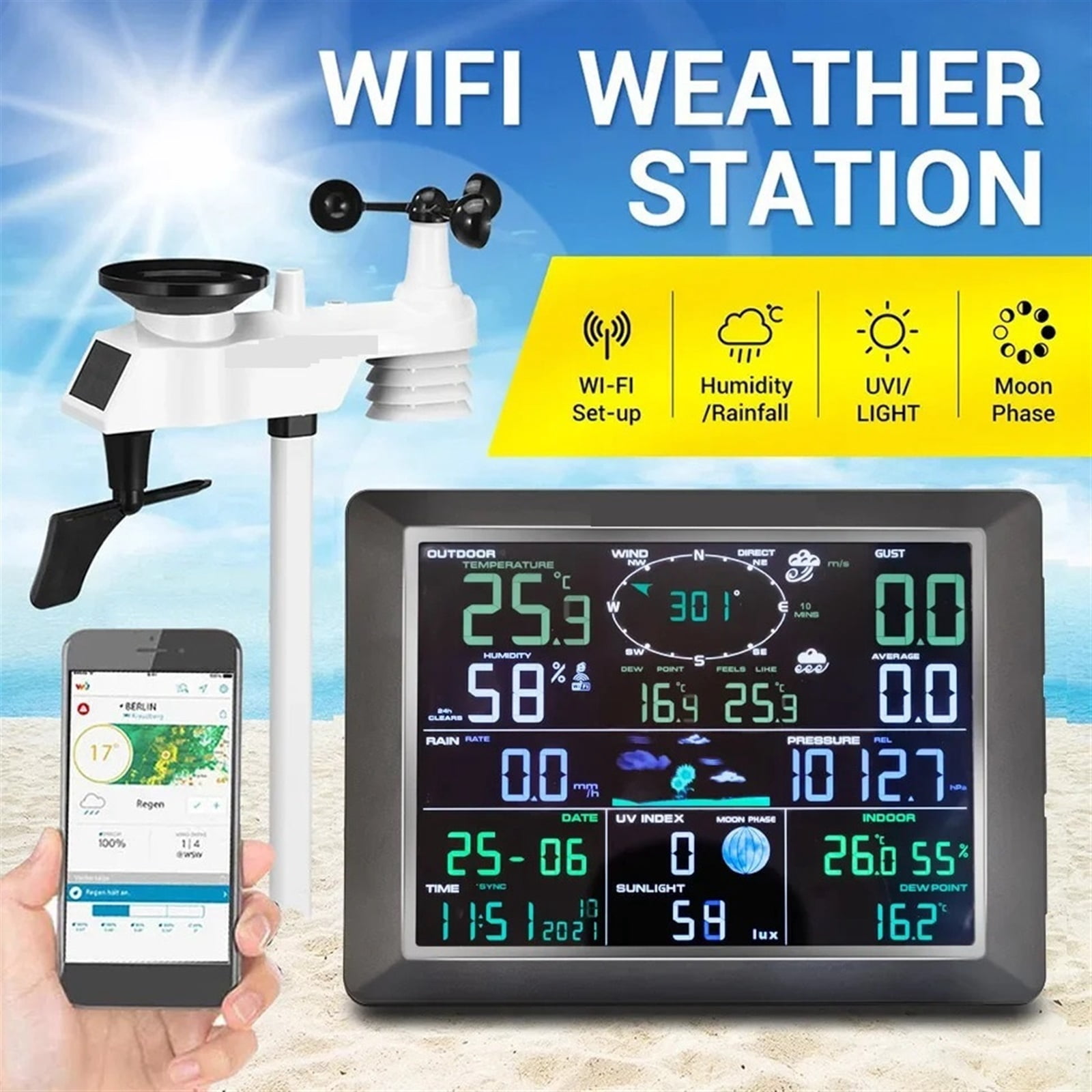 0310 Professional Weather Station Internet Wireless with Outdoor Sensor Rain Gauge Weather Forecast Wind Gauge NicetyMeter ,High Precision