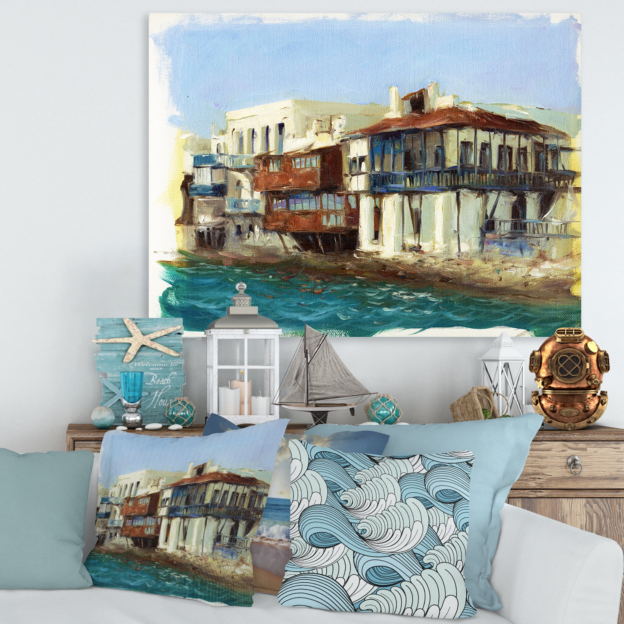 Designart ' Impression Old Houses On The Island of Mykonos Greece ' Nautical & Coastal Canvas Wall Art Print
