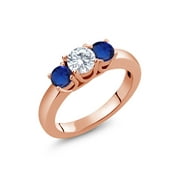Gem Stone King 18K Rose Gold Plated Silver 3-Stone Wedding Jewelry Bridal Ring Forever Classic Round 1.00cttw Created Moissanite by Charles & Colvard and Created Sapphire