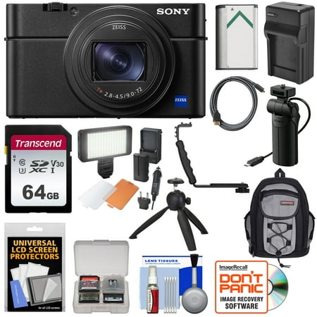 Sony Cyber-Shot DSC-RX100 VI 4K Wi-Fi Digital Camera with VCT-SGR1 Shooting Grip/Tripod + 64GB + Battery + Charger + LED Light + Backpack