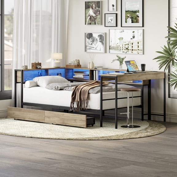 Noble House Genrix Twin Corner Bed Frame with Bookcase and Storage Drawers, with LED Light and Charging Station, Gray