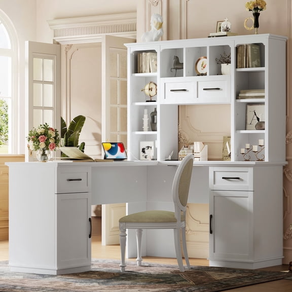 MDQMD Modern L-Shaped White Office Desk with Drawer and Shelves,Computer Desk with Storage for Study, Office