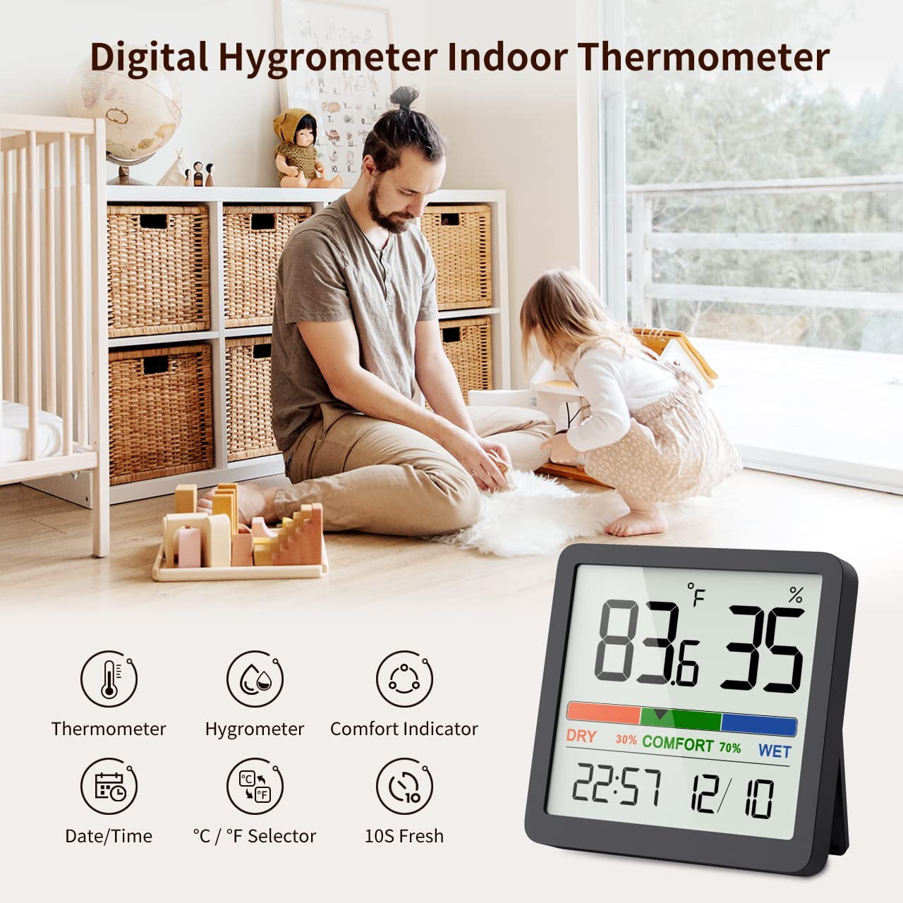 Hygrometer Indoor Thermometer, Desktop Digital Thermometer with Temperature  and Humidity Monitor, Accurate Humidity Gauge Room Thermometer with Clock  for Home Garage Greenhouse Wine Cellar 