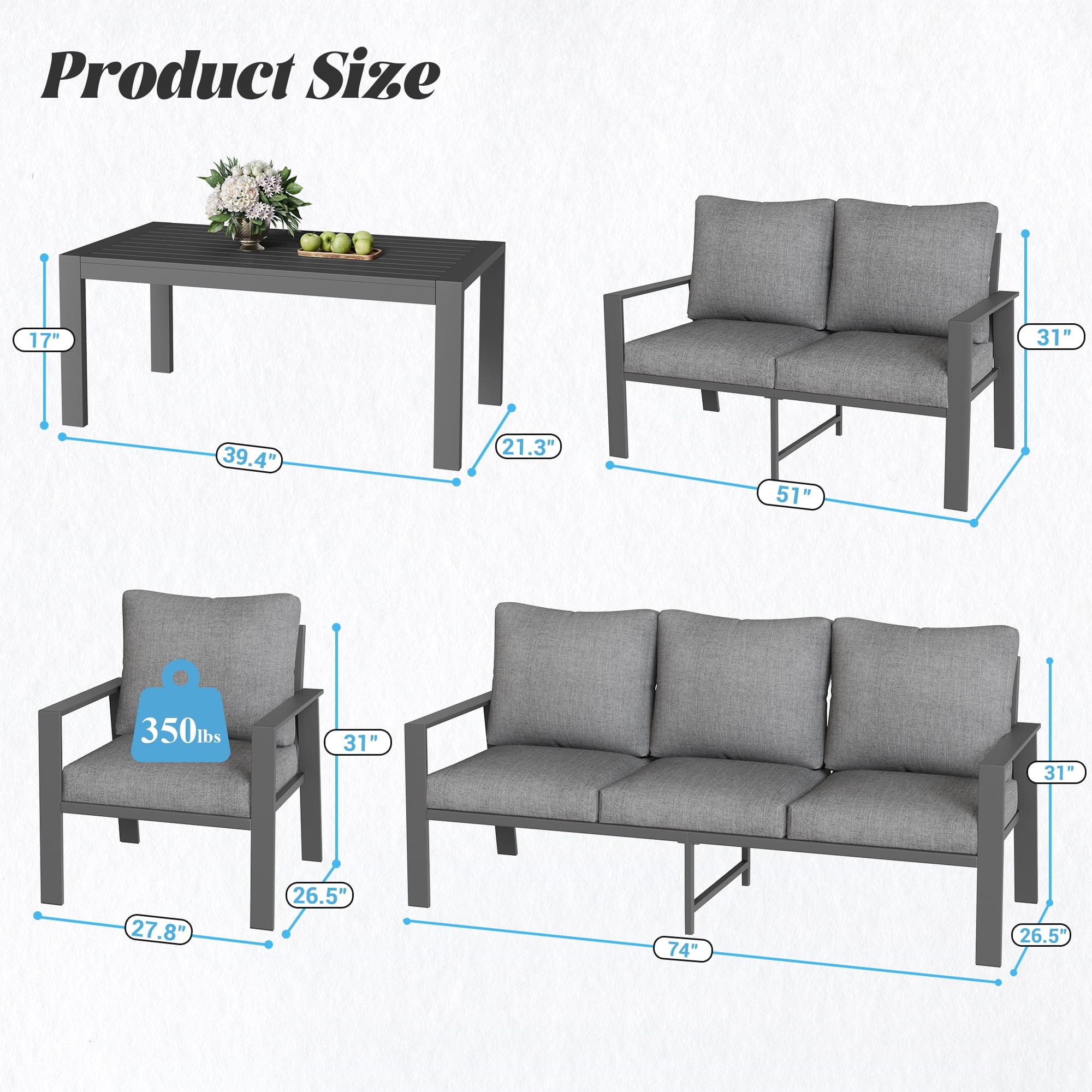 MRUAKA Aluminum Patio Furniture Set, 9 Pcs Modern Outdoor Sofa Sets, Outdoor Sectional Patio Conversation Set with Coffee Table for Backyard, Poolside, Dark Grey
