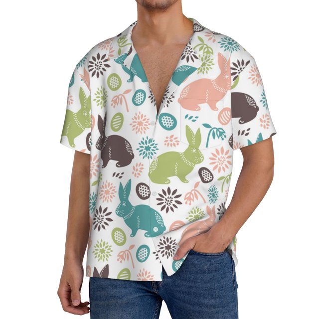 Balery Easter Rabbit Camisa Casual de Manga Corta con Botones para Hombre, Texturizada, Estilo Cubano, para Playa, Verano-Medium