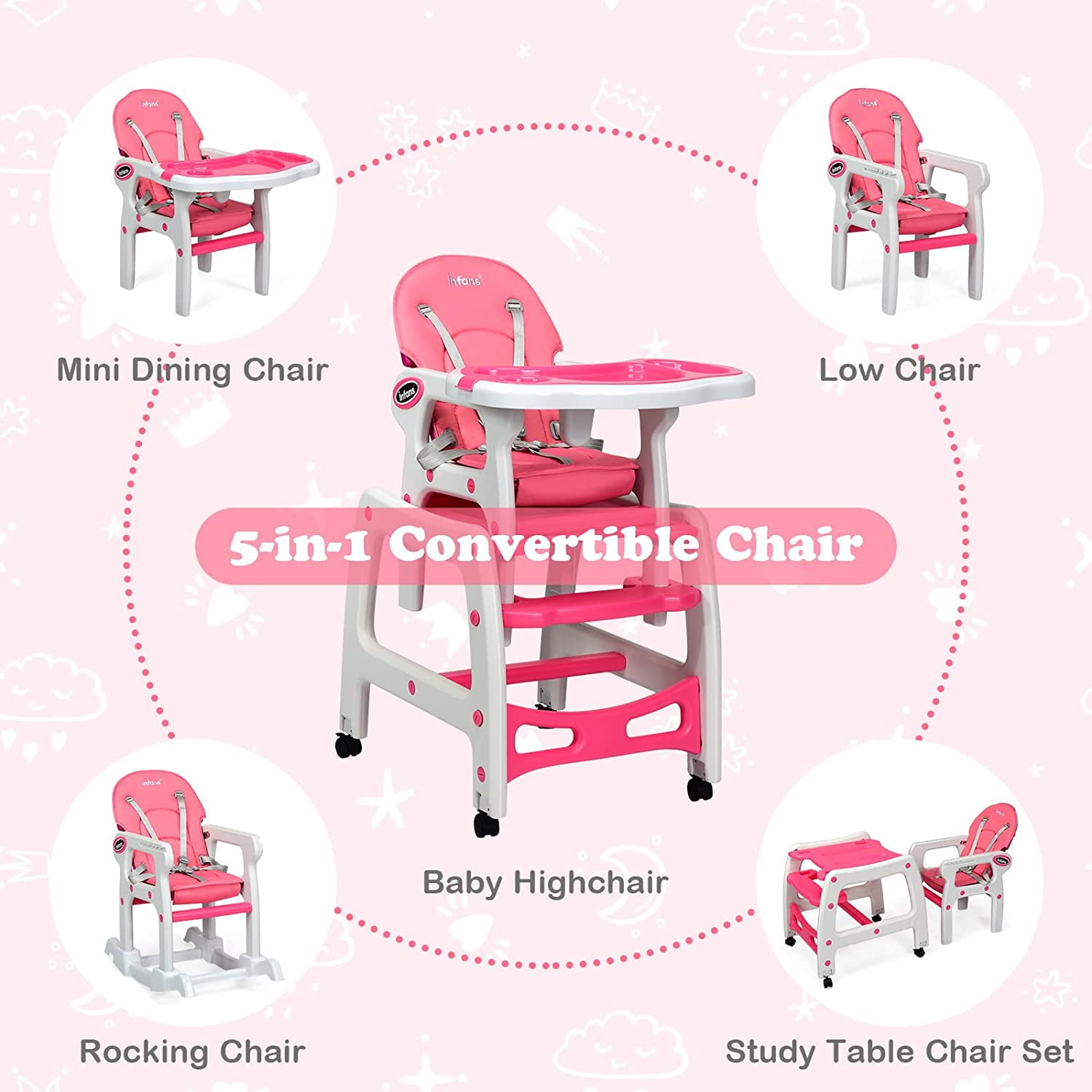 Infans 5-in-1 Convertible Baby High Chair with Adjustable Tray, Pink photo 5