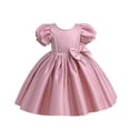 thumbnail image 2 of Short Flower Girl Dress, Girls Solid Color Puff Sleeve Princess Dress with Bow Accents, Junior Bridesmaid Party Dress for Wedding Birthday Occasions Age 4-9 Pink 110, 2 of 9