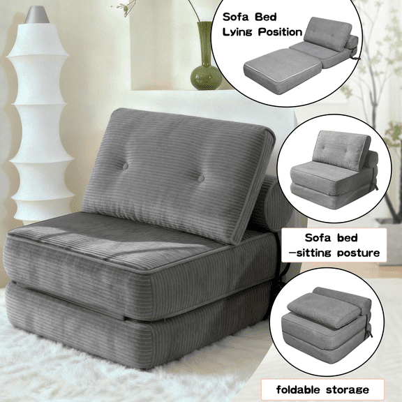 63" Corduroy Vacuum Compression Sofa Bed Foldable Sleeper Mattress for Living Room, Home Office,Dark Grey