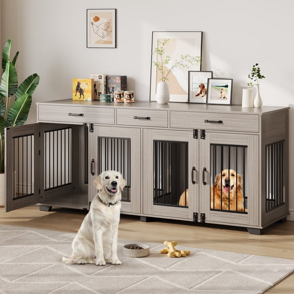 71-Inch Large Dog Crate with 3 Drawers for 2 Dogs, Spacious Wooden Indoor Kennel with Divider, Large Breed Dog Crate and TV Stand, Simple Assembly