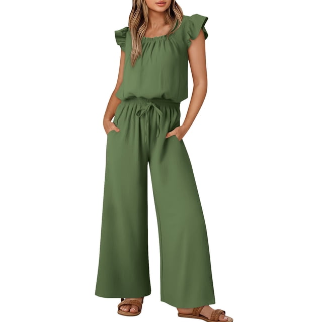 Cinvoph Jumpsuits for Women Summer Ruffle Sleeves Crew Neck Drawstring Rompers Wide Leg Casual Loose Overalls with Pockets
