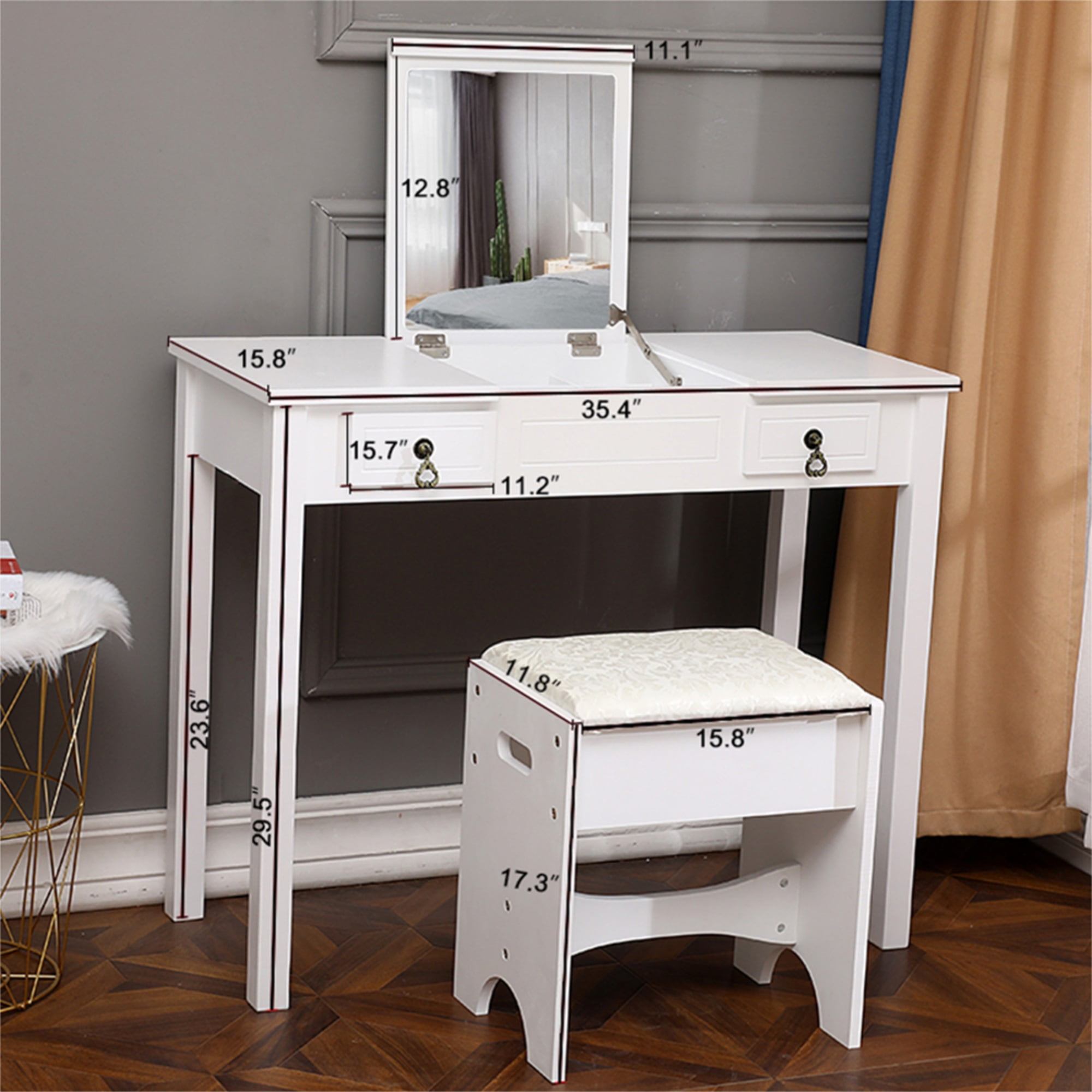 Kadyn Vanity Table and Chair Set, Vanity Set with Mirror and Stool, White