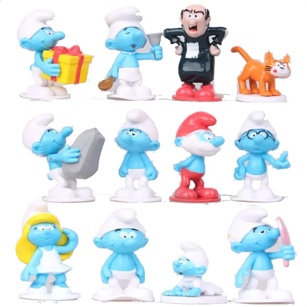 Venta caliente 12 Pitufos modelo de mano Dibujos animados Hermana Azul Pitufina Elfo Azul Muñeca de pastel con forma de pastel Adornos para pastel Regalo de cumpleaños para niños