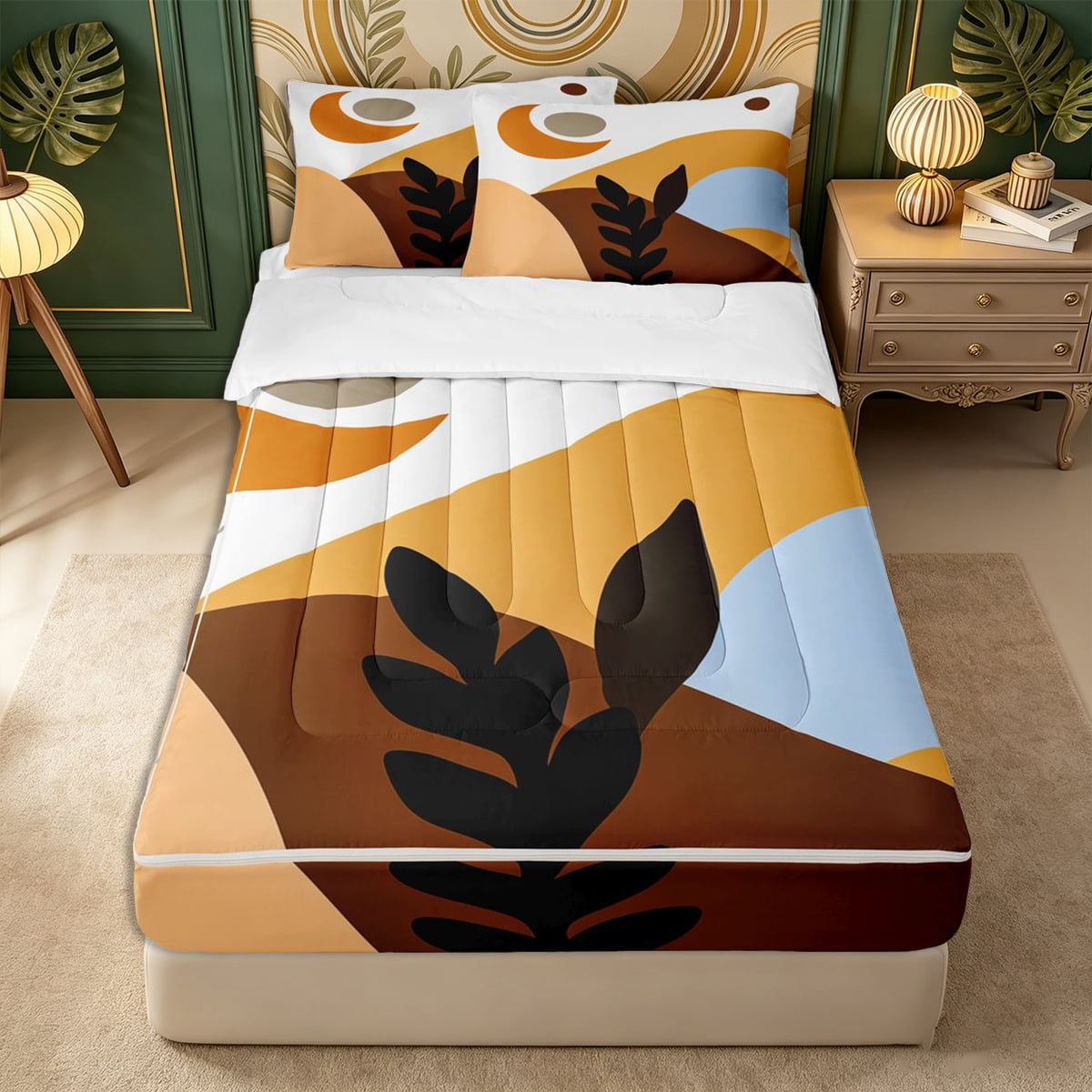 Castle Fairy Retro Wavy Hill Zipper Queen Comforter Set with Fitted Sheet and 2 Pillowcases Minimalist Foliage Cutout Zipper Bedding Set Amber Sand Skyblue