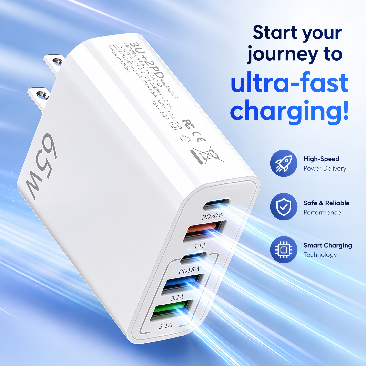 QINIUXO 65W USB-C Wall Charger with 2 Cables, White photo 7