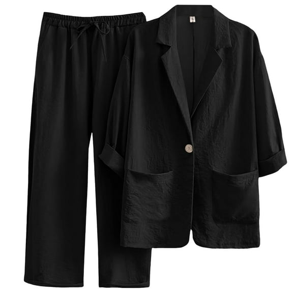 GEWSEY Women's Fall Two Piece Outfits Dressy Blazer Jacket and Wide Leg Pants Pockets Business Casual Office Suit Sets (Black, XL)