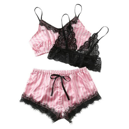 

3PCS Women Lace Bra Camisole Pajamas Sleepwear Shorts Lingerie Set