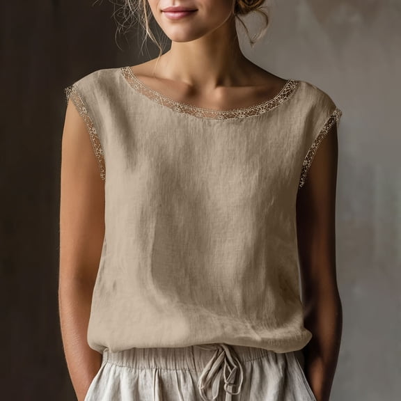 KIHOUT Women's Lace Trim Round Neck Sleeveless Linen Cotton Blouse Pre-Shrunk Casual Summer Tank Top