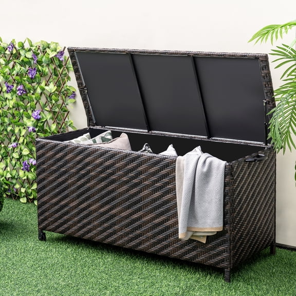 Gymax Coffre de Terrasse en Rotin à Tissage Serré avec Doublure en Polyester, Roues Universelles et Vérin à Gaz, Brun