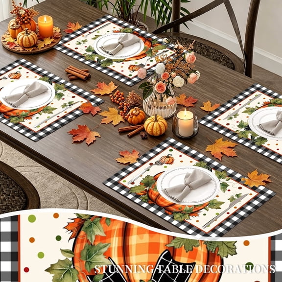 MIZHONA Fall Pumpkins Placemats Set of 4,Autumn Thanksgiving Linen Table Mats for Table Decorations 12x18 in