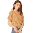 thumbnail image 2 of Blusa con cuello plisado y mangas abullonadas florales Allegra K Naranja L, 2 of 6