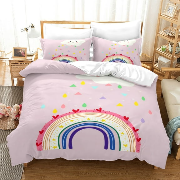 YJHDM 3D Pink Bedding Set Rainbow Down Duvet Cover pillowcases 2/3pcs for Girls and Children's Beds